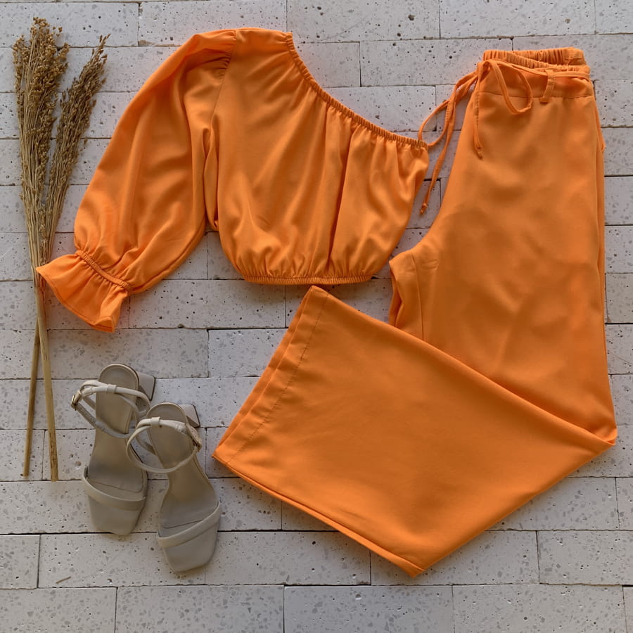 Conjunto Cropped Um Ombro S E Cal A Pantalona Laranja Dondoca Moda