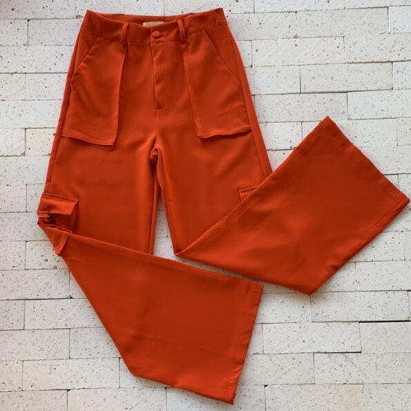 Calça Cargo Pantalona Alfaiataria Luxo Laranja Dondoca Moda Feminina