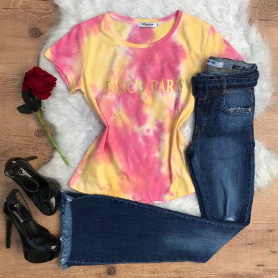 T-SHIRT ESTAMPA TIE-DYE PINK/AMARELO