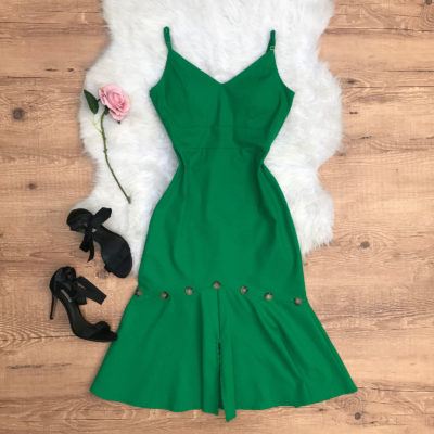 VESTIDO MIDI LINHO BOTÕES VERDE