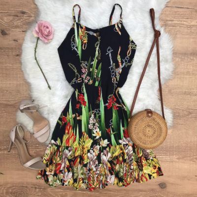 VESTIDO BABADINHO FLORAL COM BOTÕES AZUL MARINHO