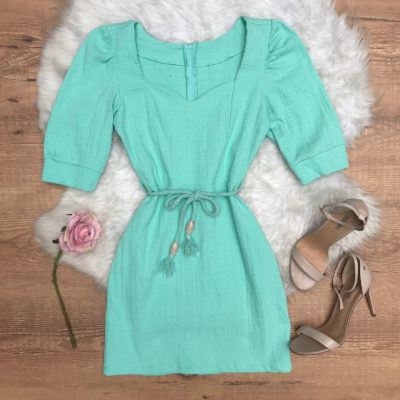 VESTIDO MANGA PRINCESA COM CINTO CORDÃO MENTA