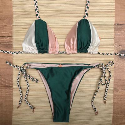 Biquíni Cortininha Trança Dupla Face - Verde/Rosé