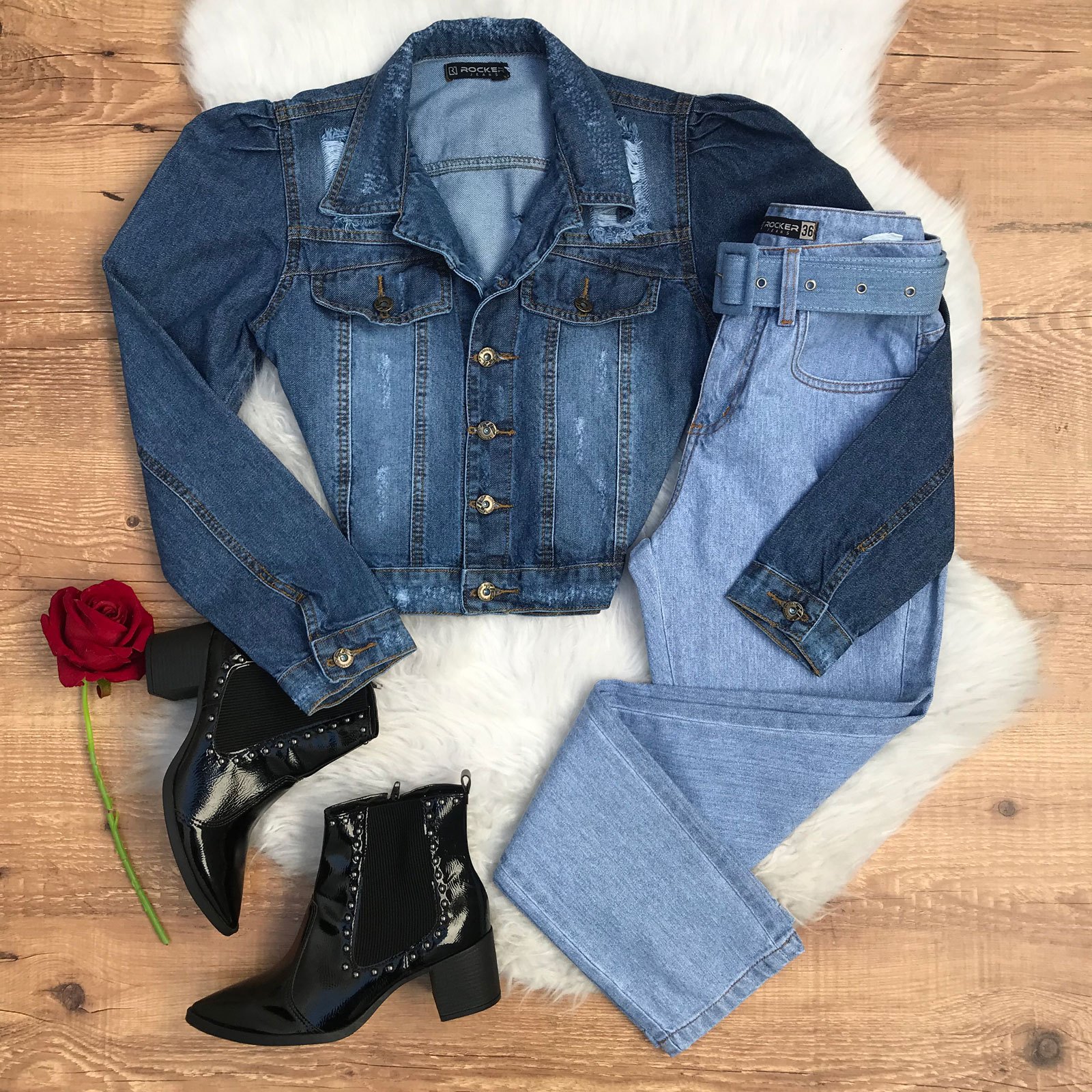 JAQUETA JEANS MANGA BUFANTE CALÇA JEANS MOM LISA