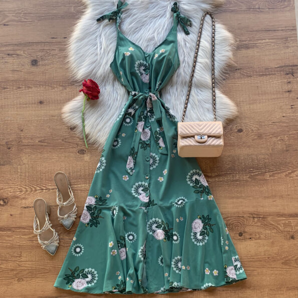 VESTIDO LONGUETE ESTAMPA FLORAL BOTÕES E AMARRAÇÃO VERDE