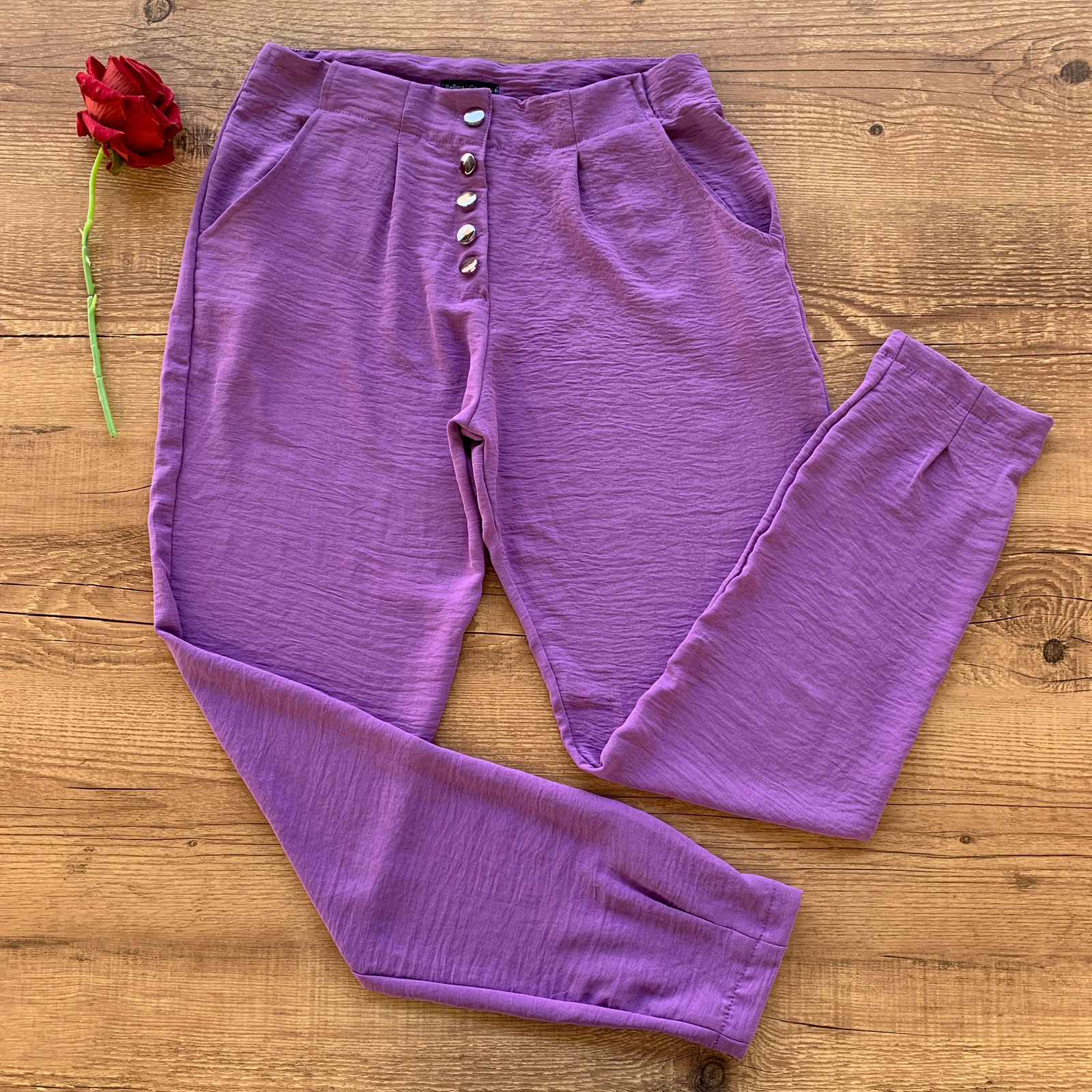 Conjunto Air Flow Cropped Babados e Calça Botões Roxinho