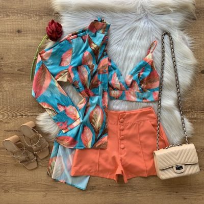 CONJUNTO CAMISA MULLET E CROPPED ESTAMPA FOLHAS