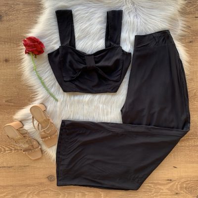 CONJUNTO CROPPED LAÇO E CALÇA PANTALONA PRETO