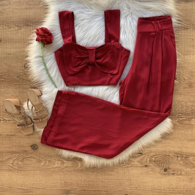 CONJUNTO CROPPED LAÇO E CALÇA PANTALONA MARSALA