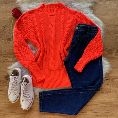 Blusa Trico Detalhe Trama e Punho Laranja