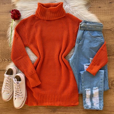 Blusa Trico Premium Alongada Gola Boba Laranja