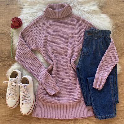 Blusa Trico Premium Alongada Gola Boba Rosê