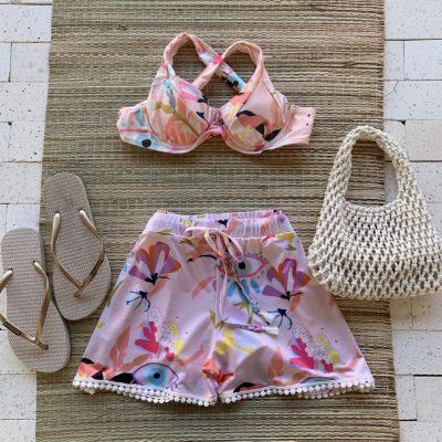 Kit Biquíni e Saída de Praia Short Estampa Olhos - Rosê