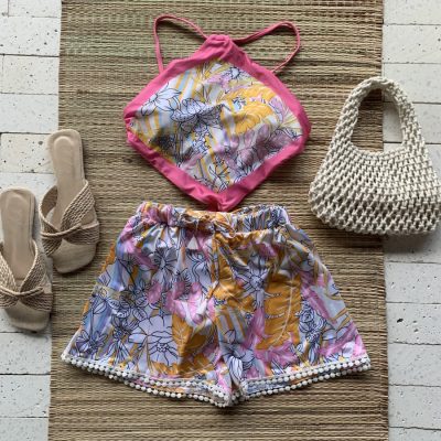 Kit Maiô e Saída de Praia Short - Estampa Folhas Azul Laranja e Pink