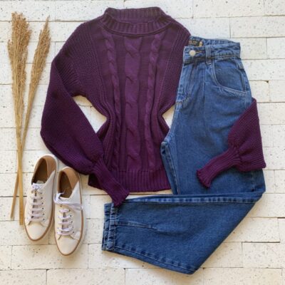 Blusa Trico Detalhe Trama e Punho Luxo Roxo