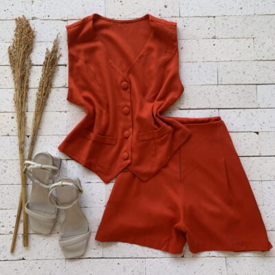 CONJUNTO LINHO PREMIUM COLETE E SHORT CORAL