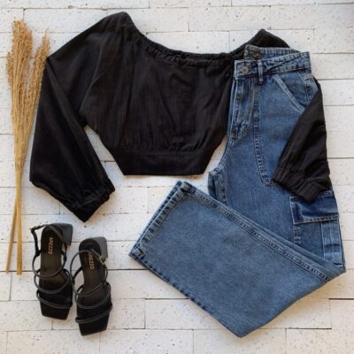 Cropped Tecido Detalhado Manga Longa Luxo Preto