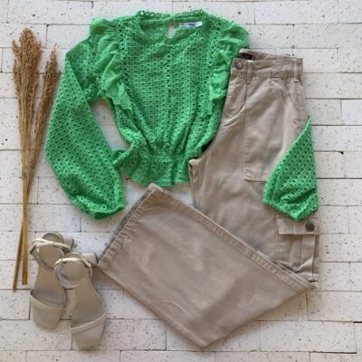 CROPPED MANGA LONGA EM LAISE COM BABADOS LUXO VERDE