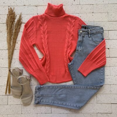 BLUSA TRICO GOLA ALTA TRAMA DETALHE MANGA ROSA CHICLETE