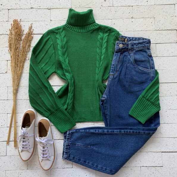 BLUSA TRICO GOLA ALTA TRAMA DETALHE MANGA VERDE