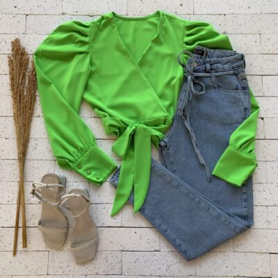 Cropped Manga Bufante Transpasse Verde Limão