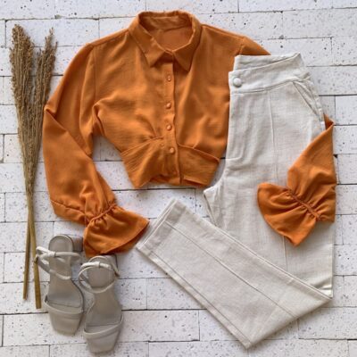 CAMISA CROPPED COM LAÇO AMARRAÇÃO LUXO LARANJA