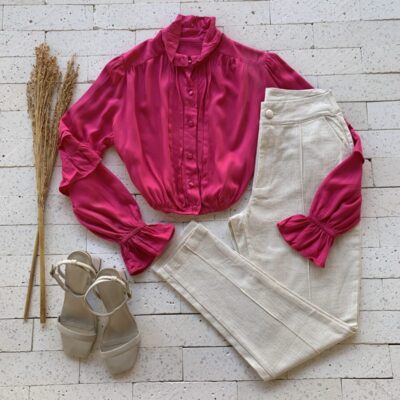 Camisa Cropped Pregas e Babados na Manga Luxo Pink