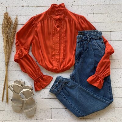 Camisa Cropped Pregas e Babados na Manga Luxo Laranja