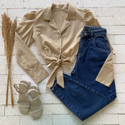 Camisa Cropped Tricoline com Nózinho Luxo Nude