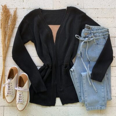 Cardigan Trico Alongado com Bolso Luxo Preto