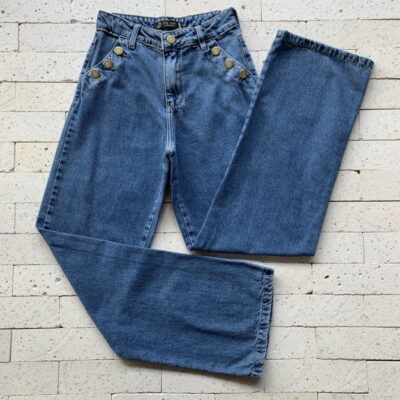 Calça Wide Leg Jeans Premium Com Botões no Bolso