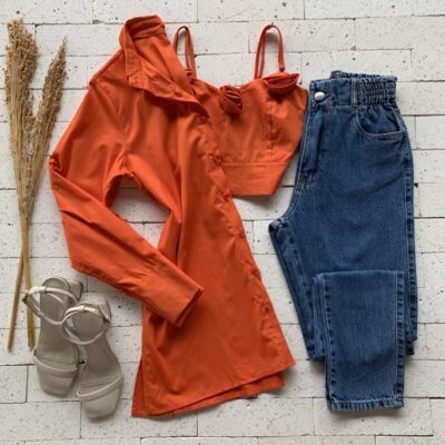Conjunto Tricoline Camisa e Cropped Flor Luxo Laranja