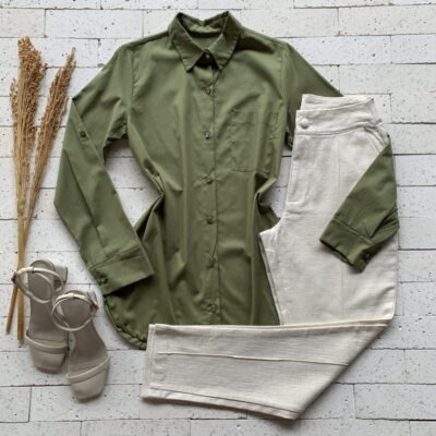 Camisa Tricoline Luxo Bolso Frontal Verde Militar