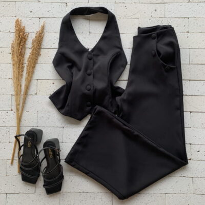 CONJUNTO ALFAIATARIA COLETE E PANTALONA LUXO PRETO