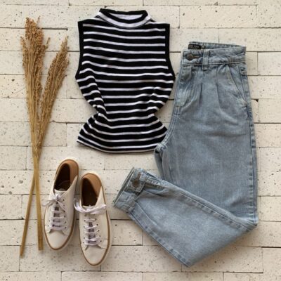 Cropped Modal Alongado Listrado Preto e Branco