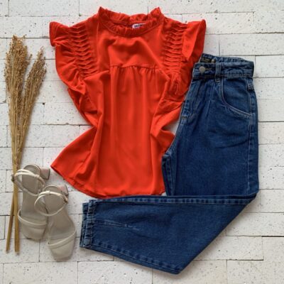 Blusa Detalhe Pregas e Babados Laranja