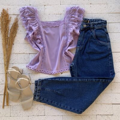 Cropped Alongado Alça Babados e Gripier Lavanda