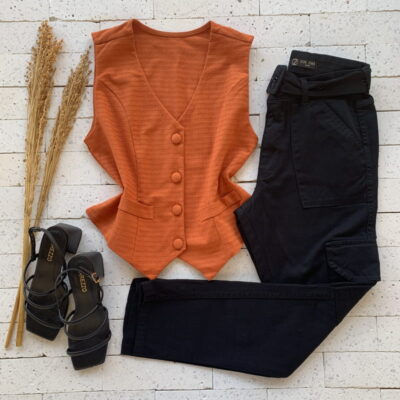 Colete Botões Tecido Trabalhado Luxo Telha