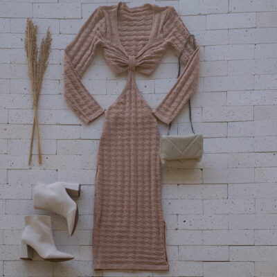 Vestido Midi Modal Manga Longa com Abertura Luxo Rosê