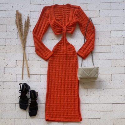 Vestido Midi Modal Manga Longa com Abertura Luxo Laranja