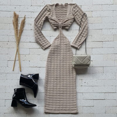 Vestido Midi Modal Manga Longa com Abertura Luxo Nude