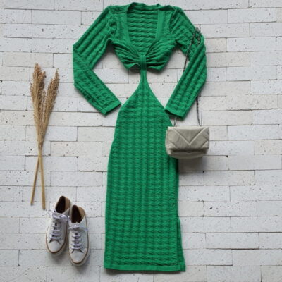 Vestido Midi Modal Manga Longa com Abertura Luxo Verde