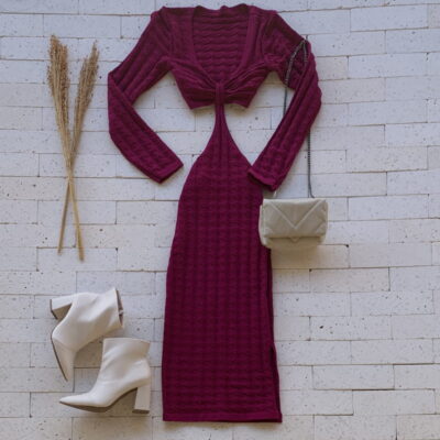 Vestido Midi Modal Manga Longa com Abertura Luxo Magenta