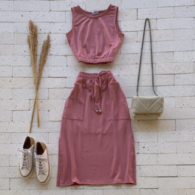 Conjunto Moletinho Cropped Regata e Saia Midi Luxo Rosê