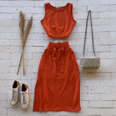 Conjunto Moletinho Cropped Regata e Saia Midi Luxo Laranja