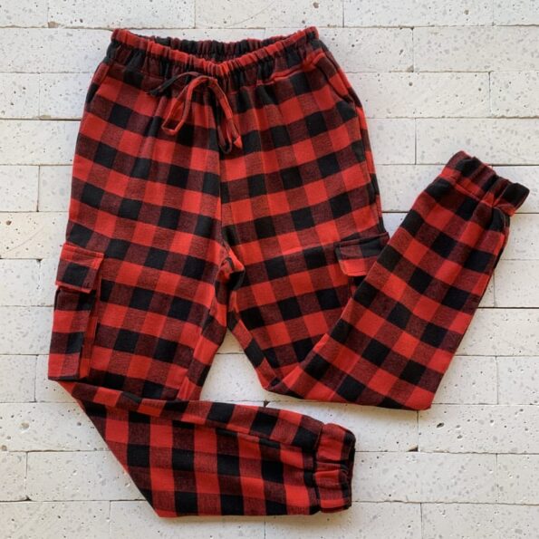 CALÇA CARGO FLANELADA XADREZ VERMELHA