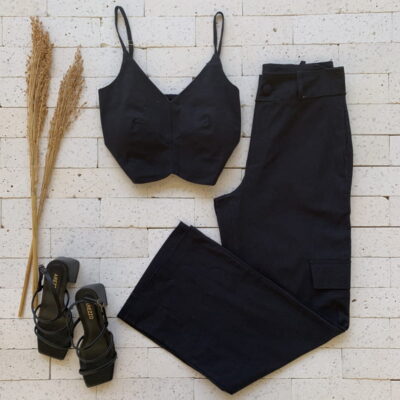 Conjunto Linho Cropped e Calça Cargo Premium Preto