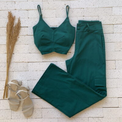 Conjunto Linho Cropped e Calça Cargo Premium Verde