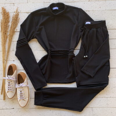 Conjunto Canelado Manga Longa Detalhe Nervuras Preto