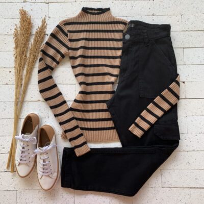 Blusa Modal Canelada Gola Alta Bicolor Nude e Preto